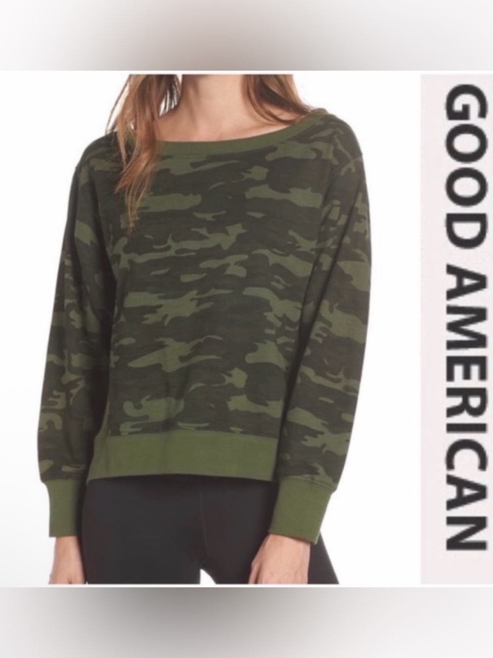 Good American NWT Camouflage Green Crewneck Sweatshirt